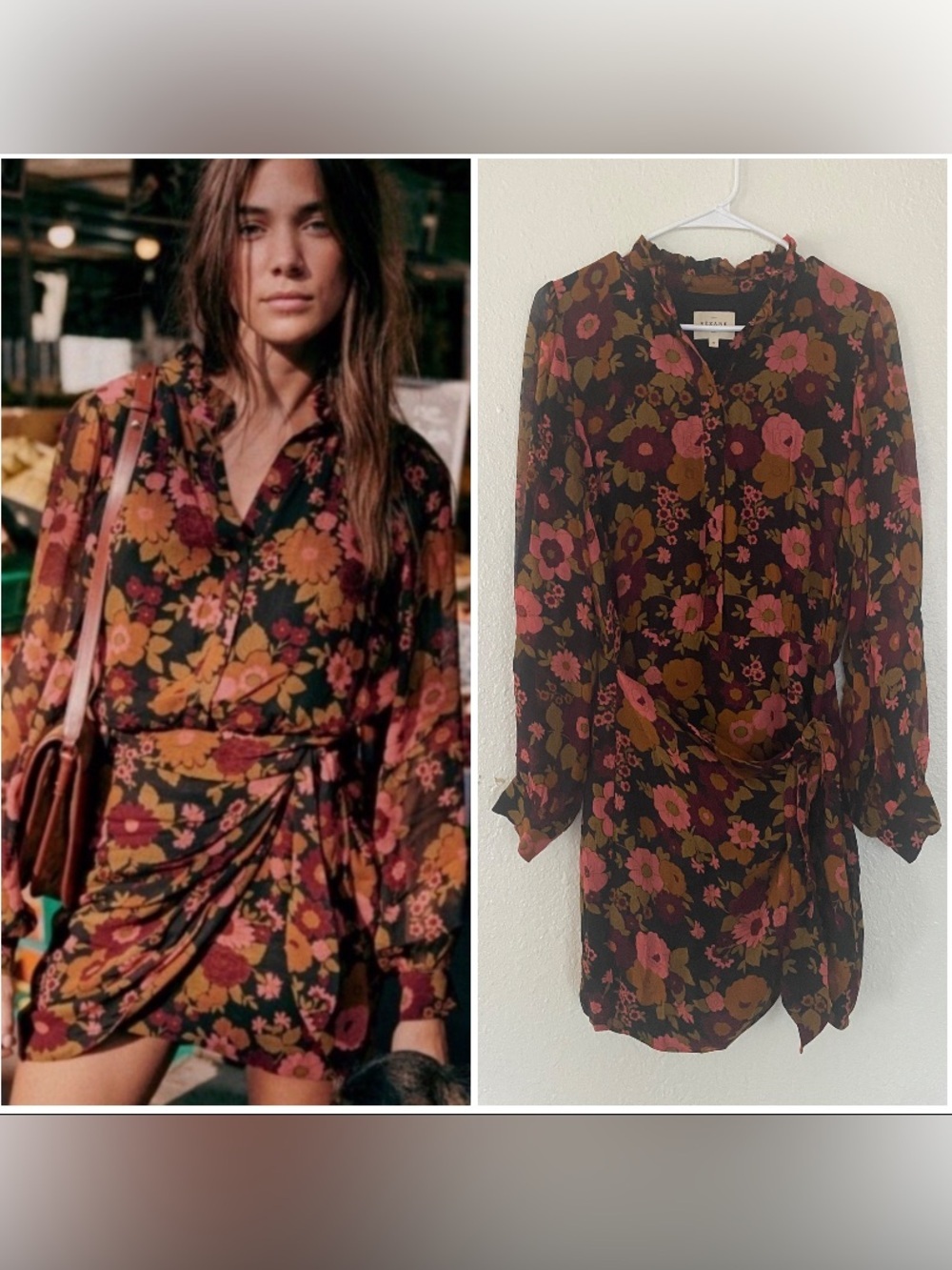 Sezane Wrap-Skirt Floral Mini Capri Long-Sleeve Dress - Picture 1 of 8